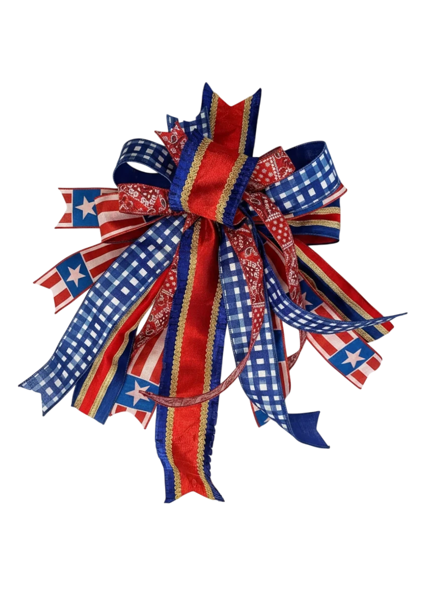 Chic Collective patriotic bow with red, white, and blue ribbons featuring stars, gingham, and paisley patterns.