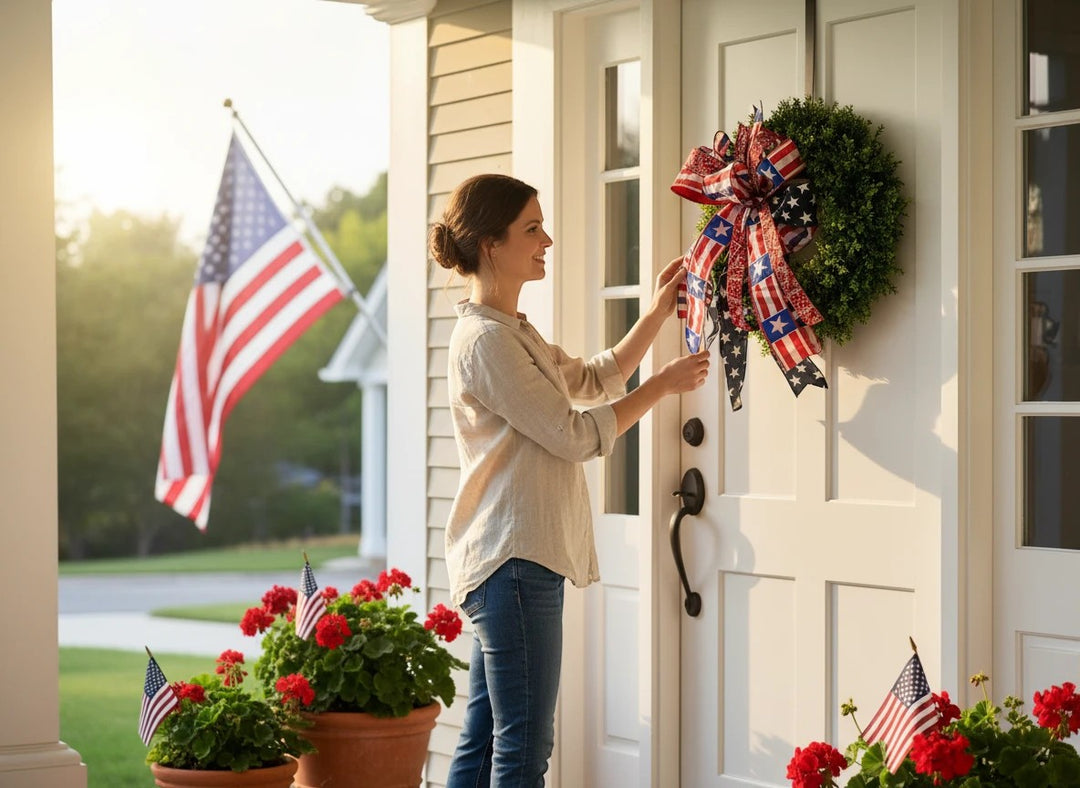 Chic Collective patriotic bow with stars and stripes ribbons on a green wreath, perfect for 4th of July decor.