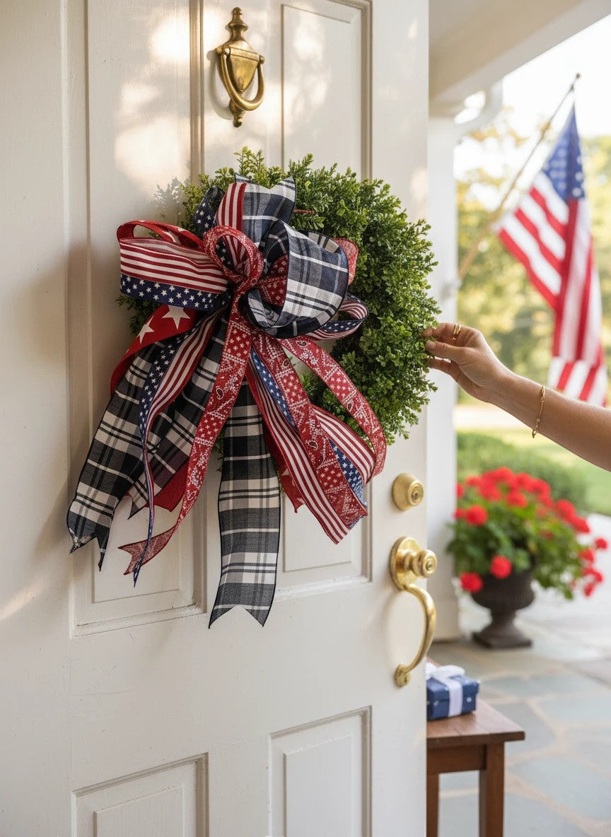 Chic Collective patriotic bow with stars and stripes ribbons on a boxwood wreath. Festive door decor.