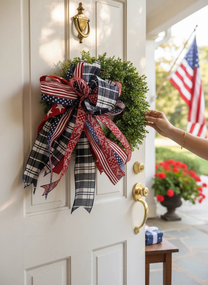 Chic Collective patriotic bow with stars and stripes ribbons on a boxwood wreath. Festive door decor.
