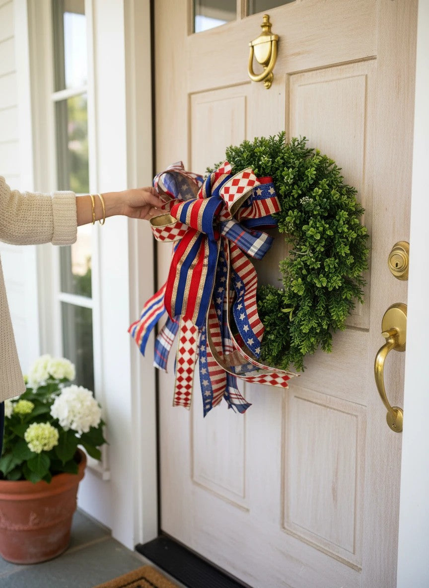 Chic Collective patriotic bow with red, white, and blue ribbons featuring stars and plaid patterns, attached to a green wreath on a door.