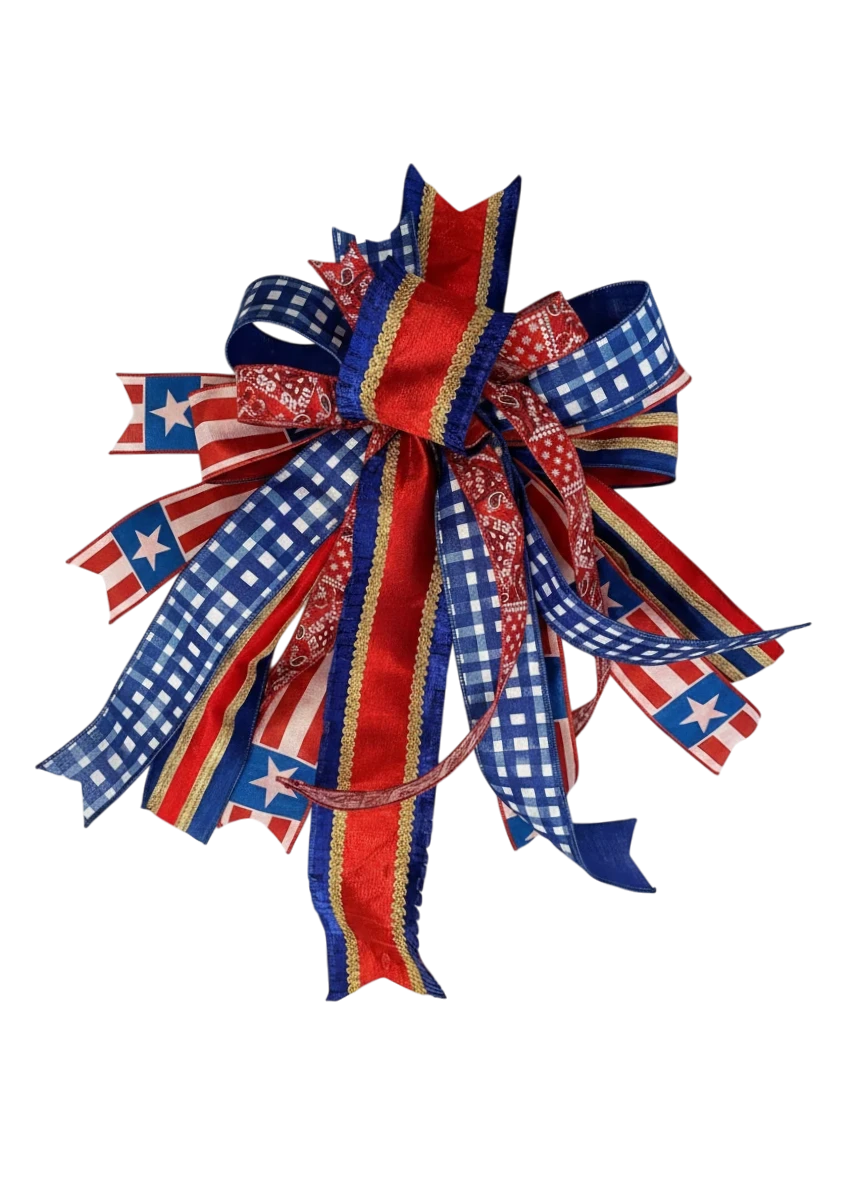 Chic Collective patriotic bow with red, white, and blue ribbons featuring stars, gingham, and bandana prints. Ideal for wreaths.