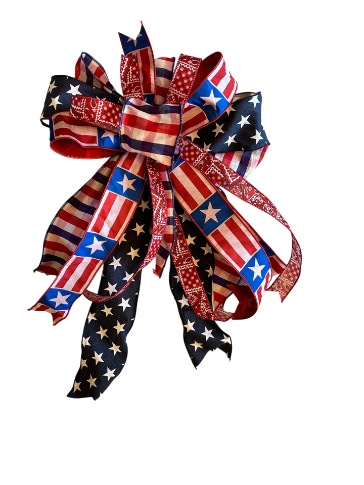 Chic Collective patriotic bow with red, white, and blue stars and stripes ribbon. Perfect for wreaths.
