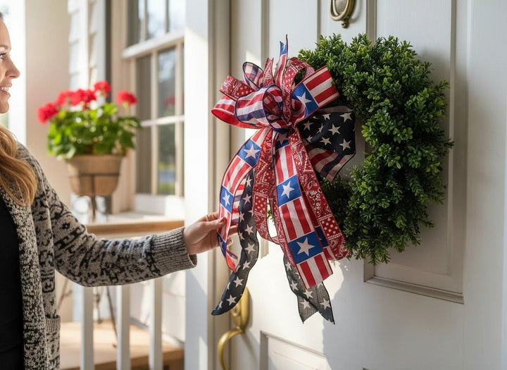 Chic Collective patriotic bow with red, white, and blue stars and stripes patterns on a green wreath.