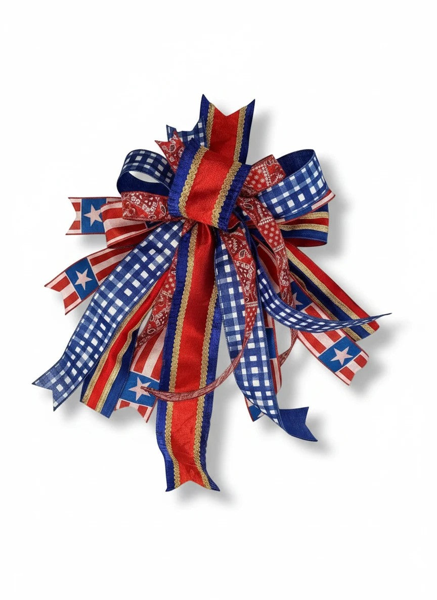 Chic Collective patriotic bow with red, white, and blue ribbons featuring stars and gingham patterns.