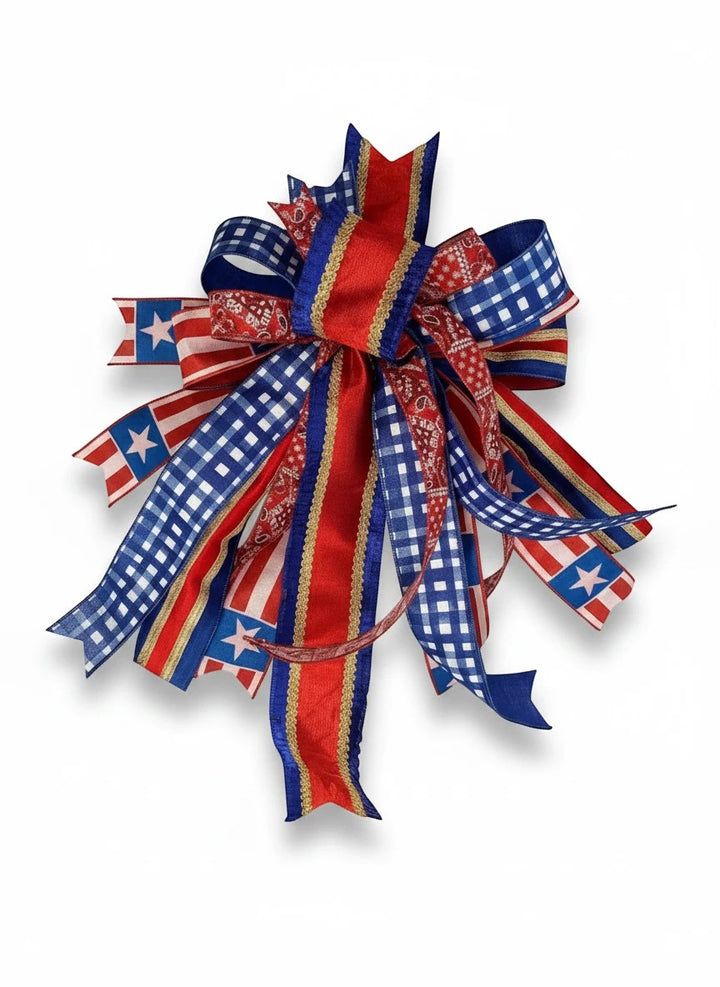 Chic Collective patriotic bow with red, white, and blue ribbons featuring stars, stripes, and gingham patterns. Ideal for wreaths.
