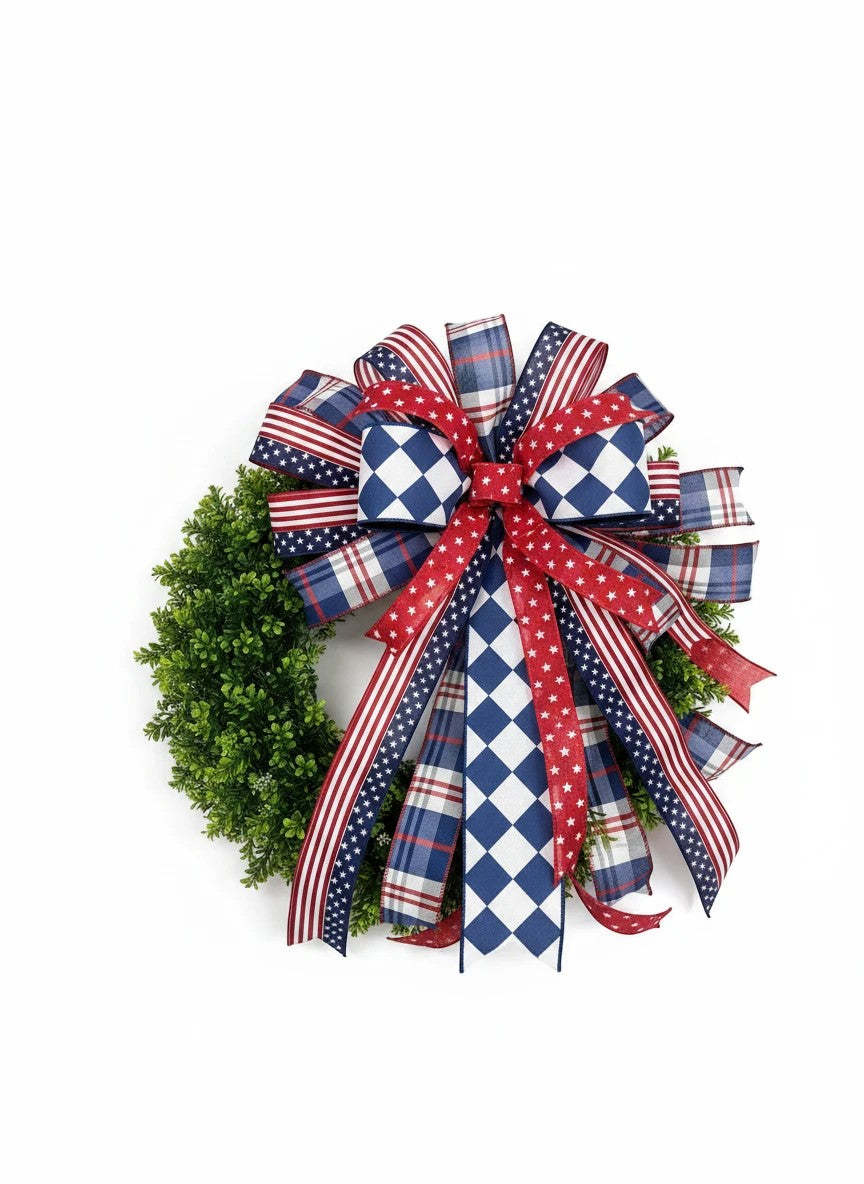 Chic Collective patriotic bow for wreath with red, white, and blue ribbons featuring stars and plaid patterns.