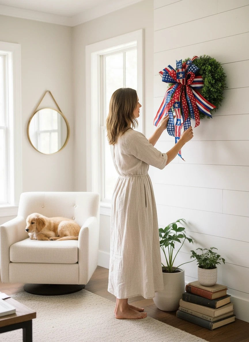 Chic Collective patriotic bow with red, white, and blue stars and stripes ribbons for a wreath.