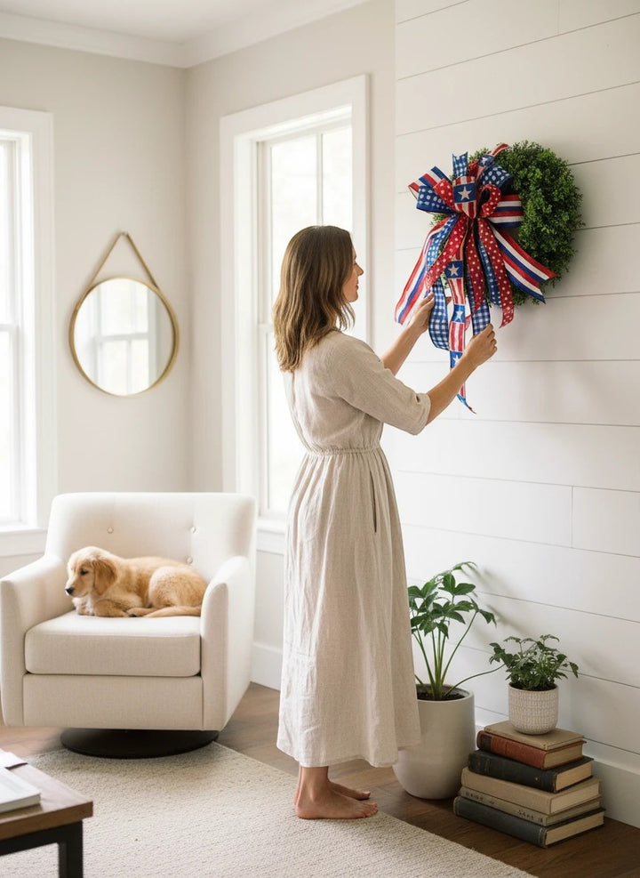 Chic Collective patriotic bow with red, white, and blue stars and stripes ribbons for a wreath.