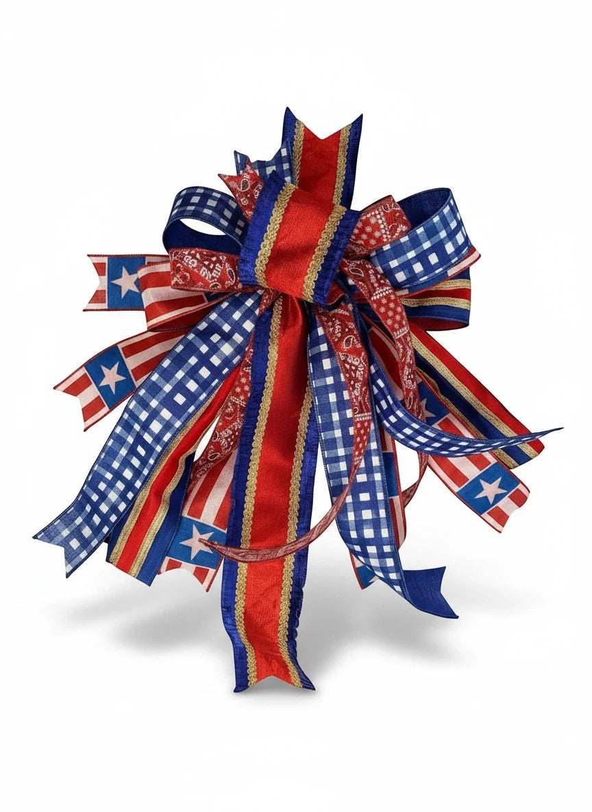 Chic Collective patriotic bow with red, white, and blue ribbons featuring stars and gingham patterns. Ideal for wreaths.