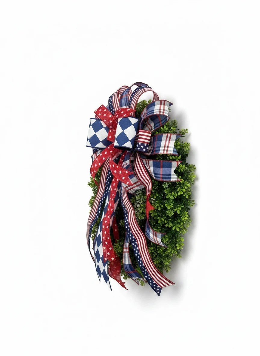 Chic Collective patriotic bow for wreath with red, white, and blue ribbons featuring stars, plaid, and flag patterns.