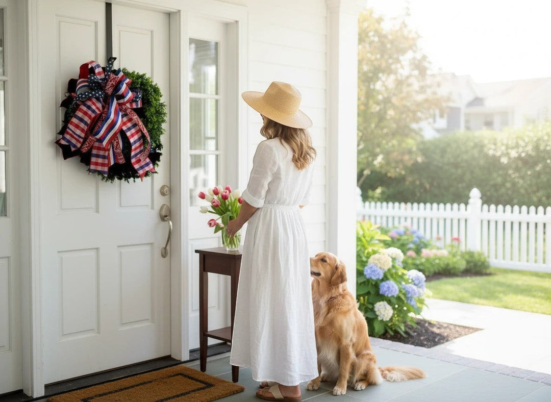 Chic Collective patriotic boxwood wreath with red, white, and blue ribbon bow on a white door.