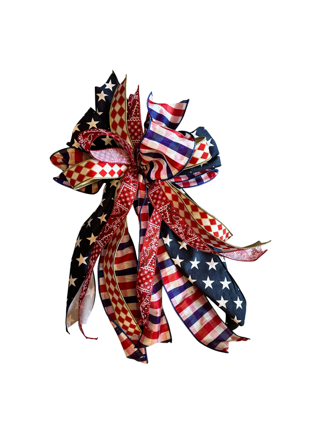 Chic Collective patriotic decorative bow with red, white, and blue ribbons featuring stars, stripes, gingham, and bandana prints.