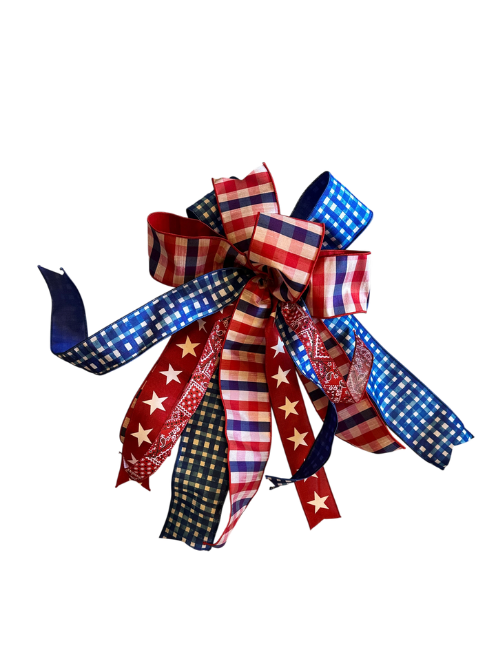 Chic Collective patriotic ribbon bow with red, white, and blue gingham and star patterns.