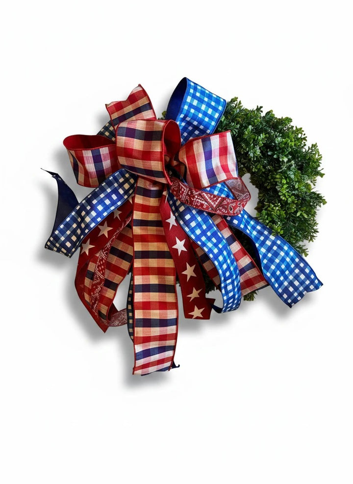 Chic Collective patriotic ribbon bow with red, white, and blue gingham and stars, perfect for wreaths.