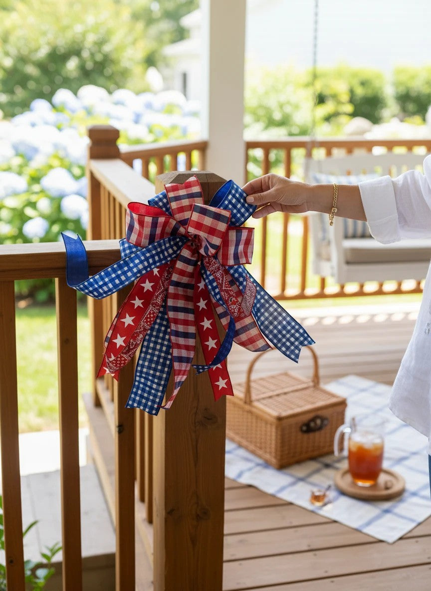 Chic Collective patriotic ribbon bow with red, white, and blue gingham and star patterns. Wired edges for shaping.