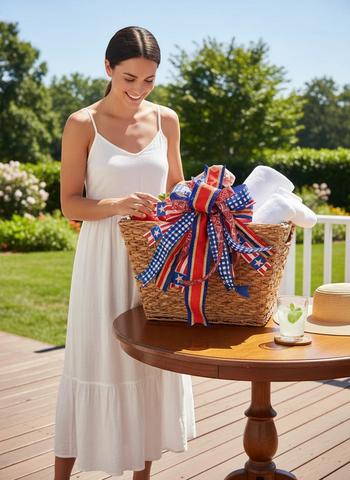 Chic Collective patriotic red, white, and blue ribbon bow with stars and gingham pattern, perfect for wreaths.