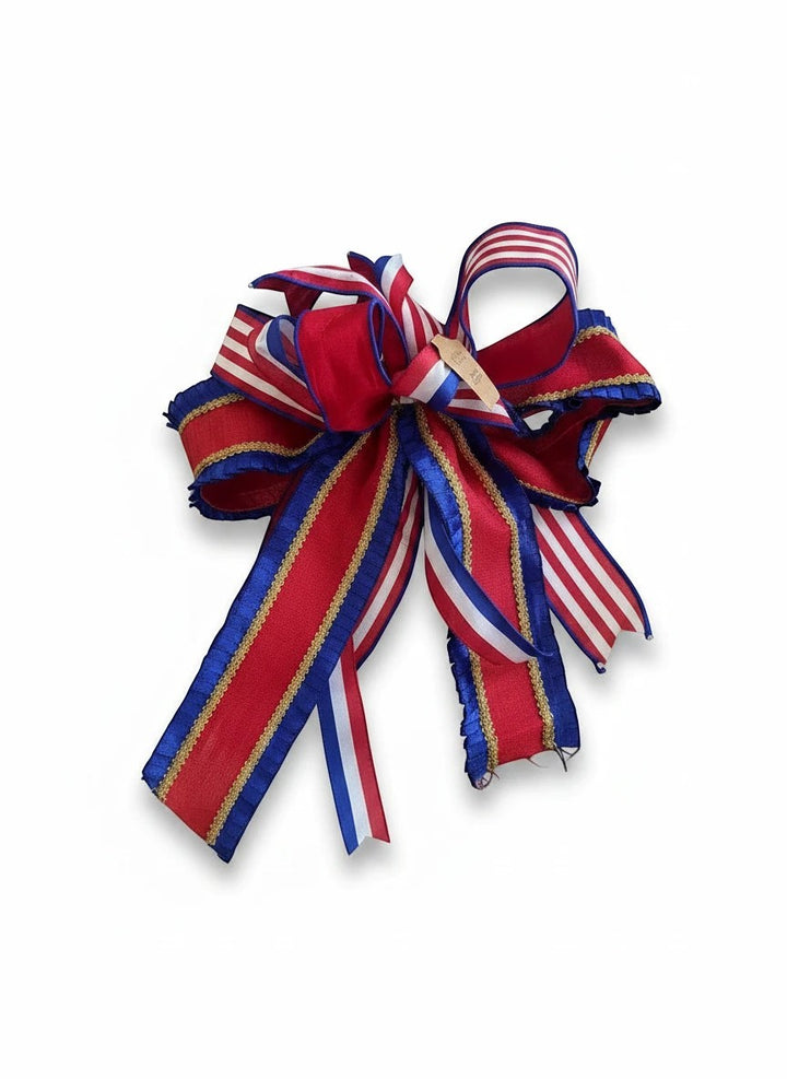 Chic Collective patriotic red white and blue striped decorative ribbon bow with gold trim for holiday decor