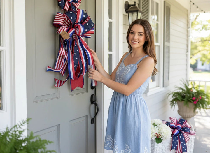 Chic Collective patriotic ribbon bow with red, white, and blue star and stripe patterns hanging on a front door wreath