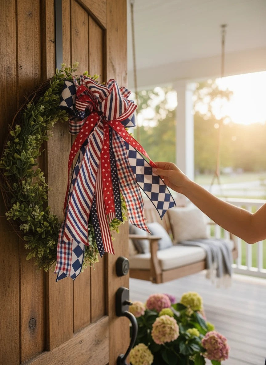 Chic Collective patriotic ribbon bow with red, white, and blue stripes, stars, and diamonds on a front door wreath.