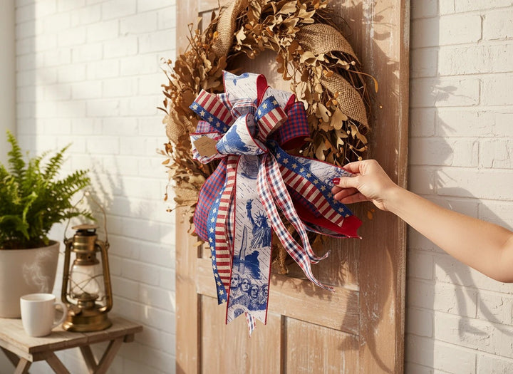 Chic Collective patriotic ribbon bow with stars, stripes, and national landmarks on a rustic wreath for holiday decor.