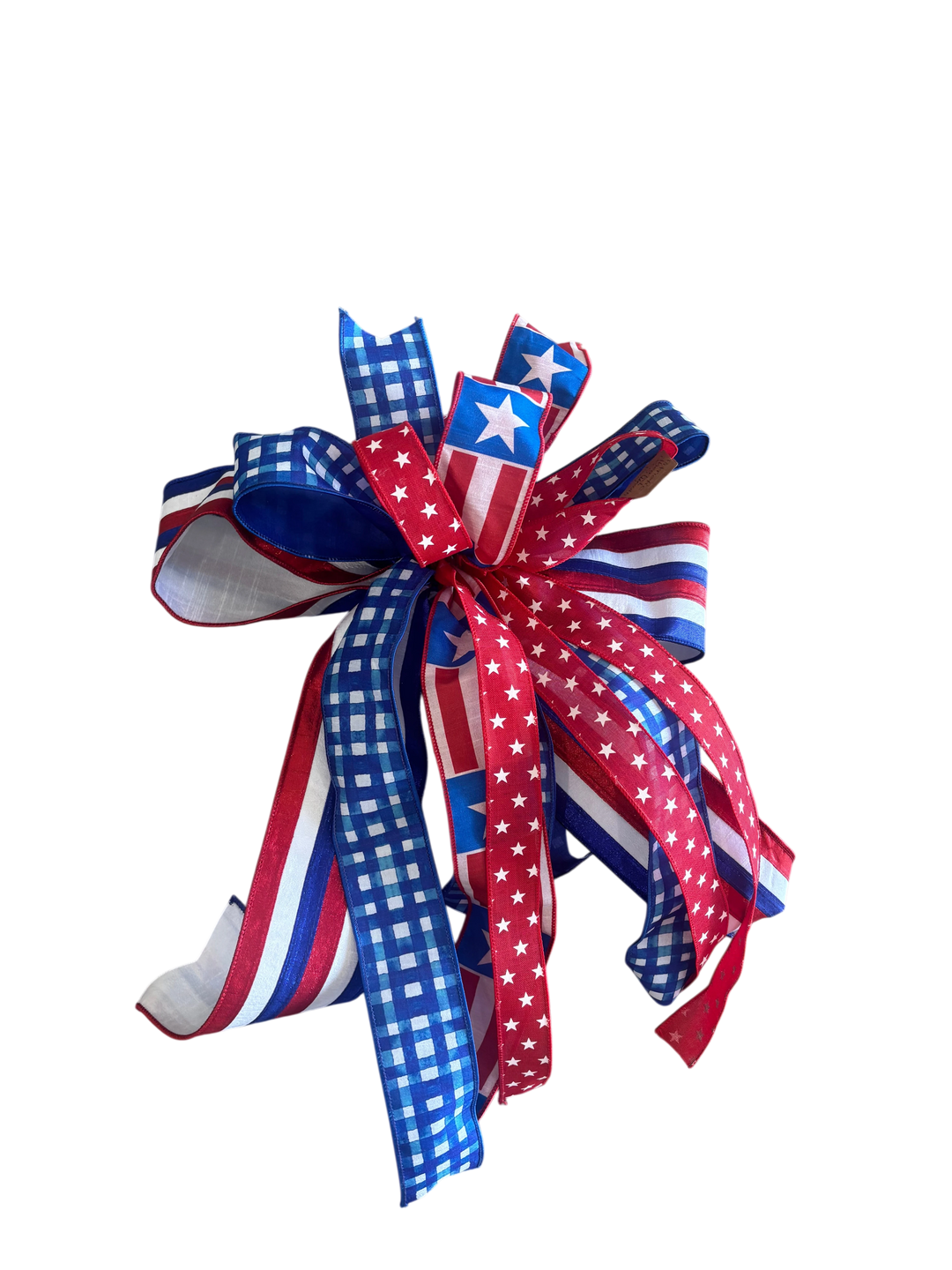 Chic Collective patriotic ribbon bow featuring red, white, and blue gingham, striped, and star patterns for decor.