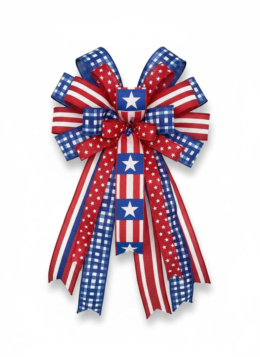 Chic Collective patriotic ribbon bow with red, white, and blue gingham, stripe, and star patterns for holiday decor.