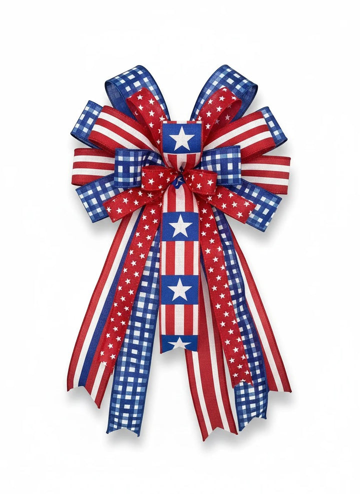 Chic Collective patriotic ribbon bow with red, white, and blue gingham, stripe, and star patterns for holiday decor.
