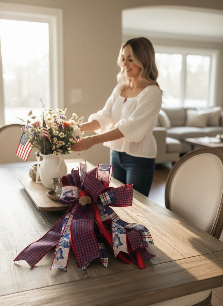 Chic Collective patriotic ribbon bow with red, white, and blue plaid and Liberty Bell patterns on a wooden table.