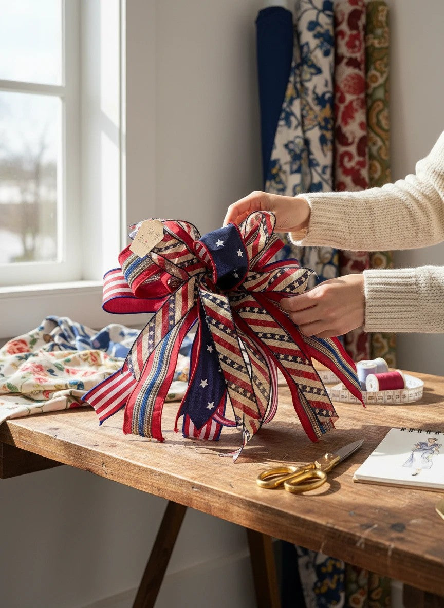 Chic Collective patriotic ribbon bow with red, white, and blue stars and stripes on a rustic wooden craft table.