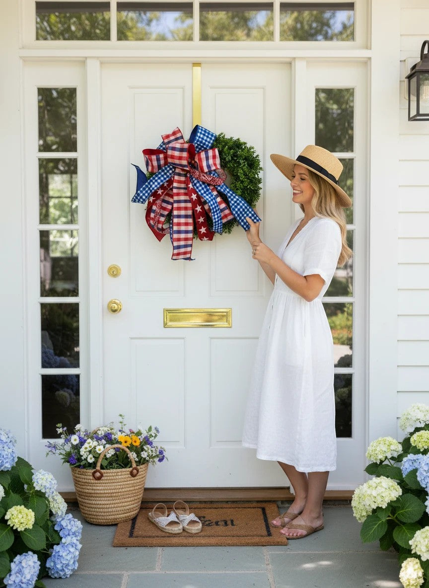 Chic Collective patriotic ribbon wreath bow with red, white, and blue gingham and stars. Wired edges for shaping.