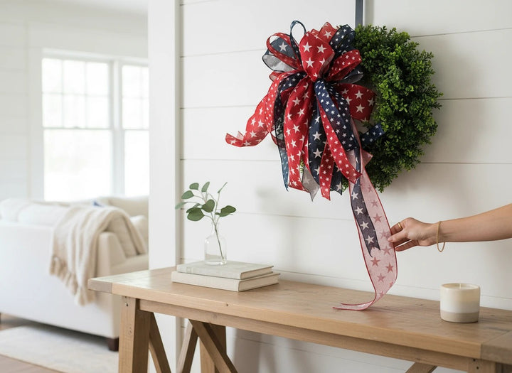 Chic Collective Patriotic Star Ribbon Wreath Decoration with red, white, and blue ribbons featuring white stars.
