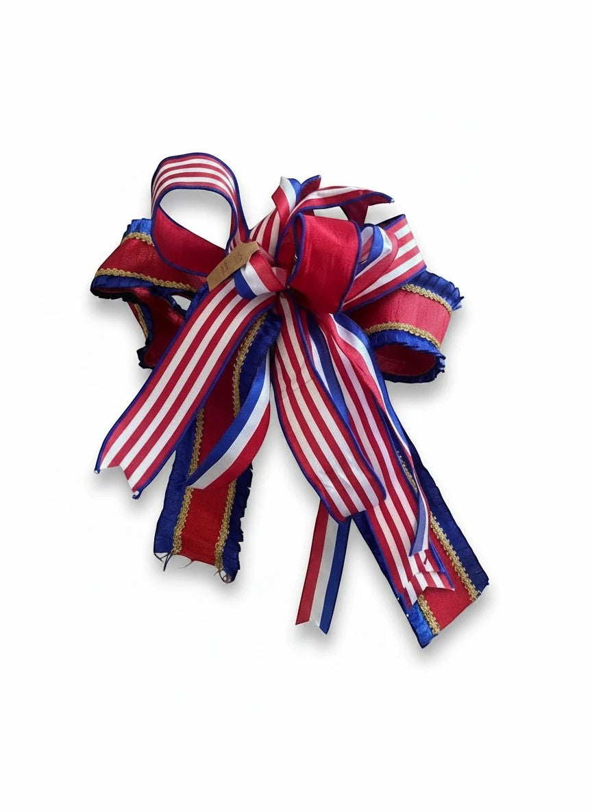 Chic Collective patriotic red white and blue striped decorative bow with gold trim for holiday decor