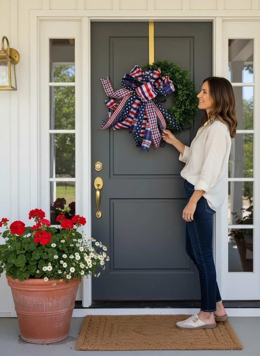 Chic Collective patriotic bow with red, white, and blue stars and stripes ribbons for a wreath.