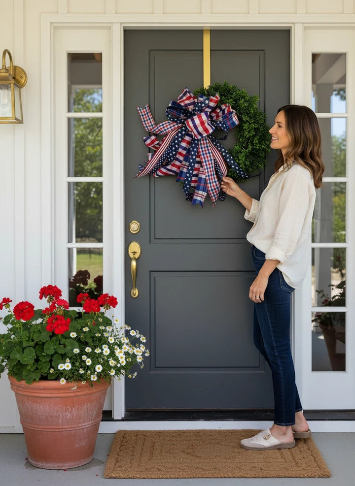 Chic Collective patriotic bow with red, white, and blue stars and stripes ribbons for a wreath.