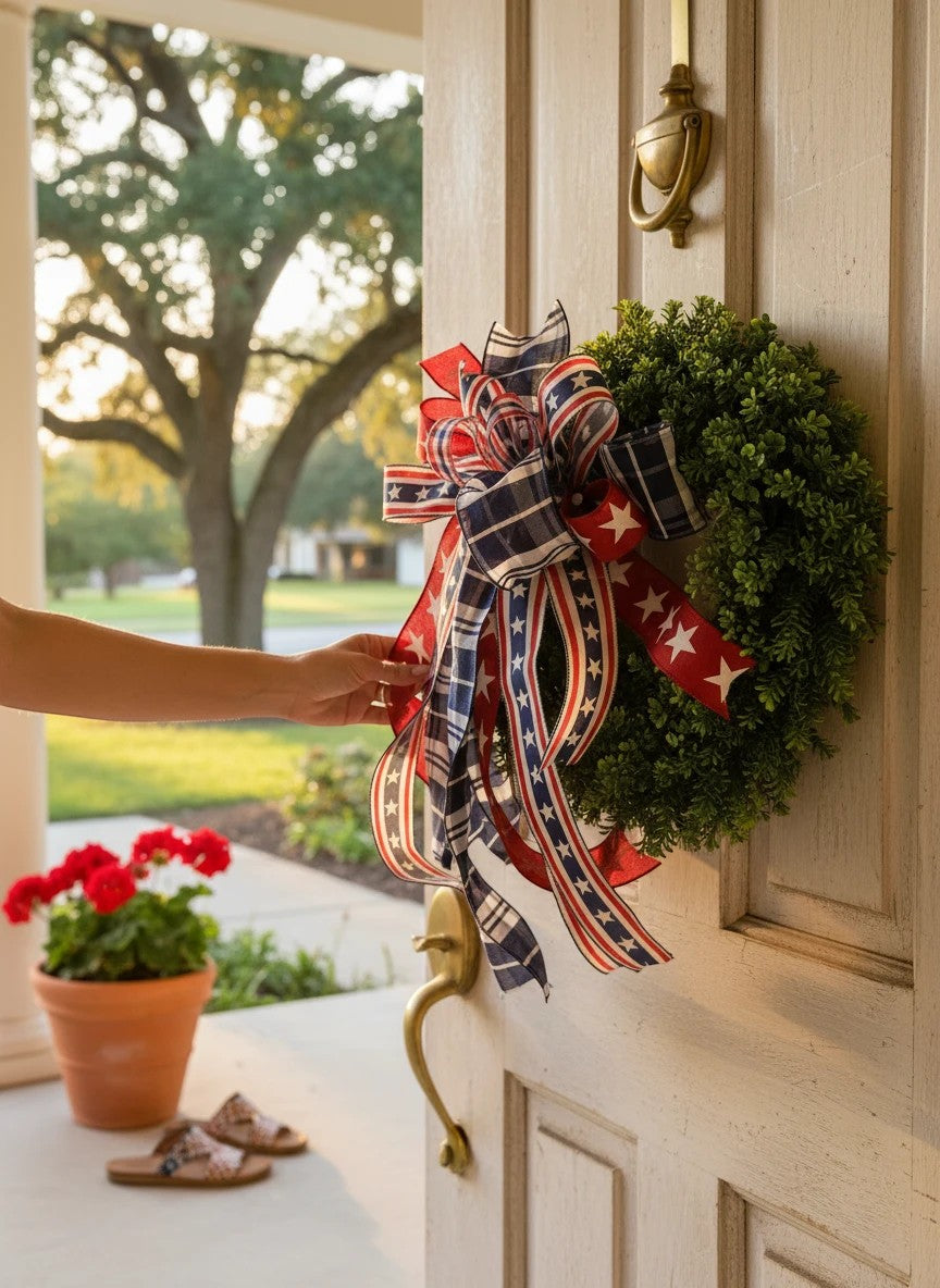 Chic Collective patriotic bow with red, white, and blue stars and plaid ribbons on a green wreath.