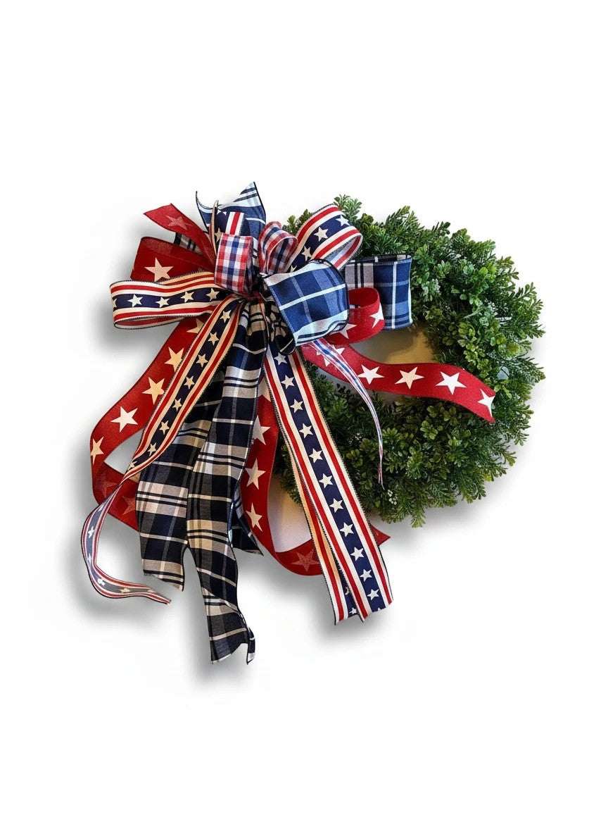 Chic Collective patriotic bow for wreath with red, white, and blue ribbons featuring stars and plaid patterns.