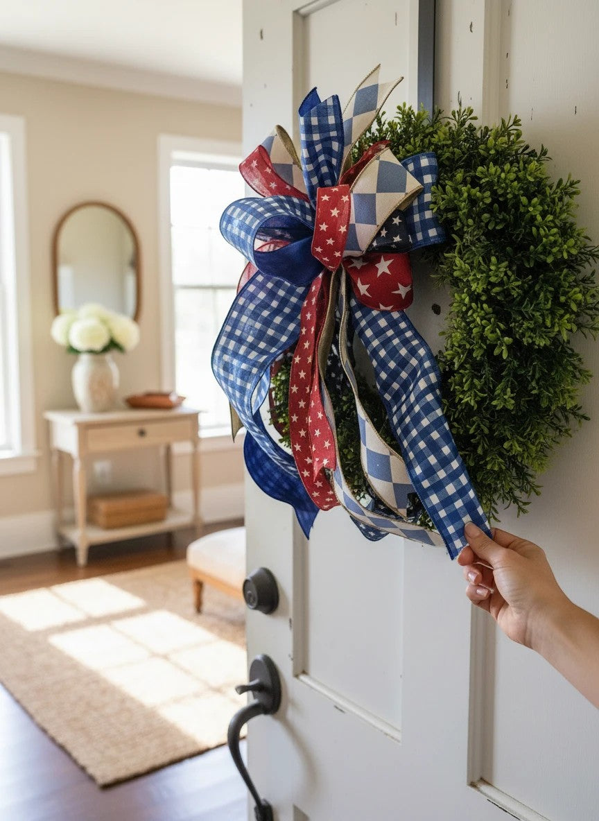 Chic Collective patriotic bow with red, white, and blue ribbons for a wreath. Features gingham and star patterns.