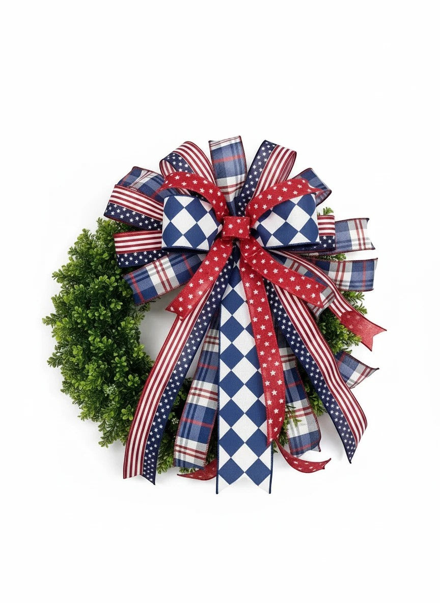 Chic Collective patriotic bow for wreath with red, white, and blue ribbons featuring stars and plaid patterns.