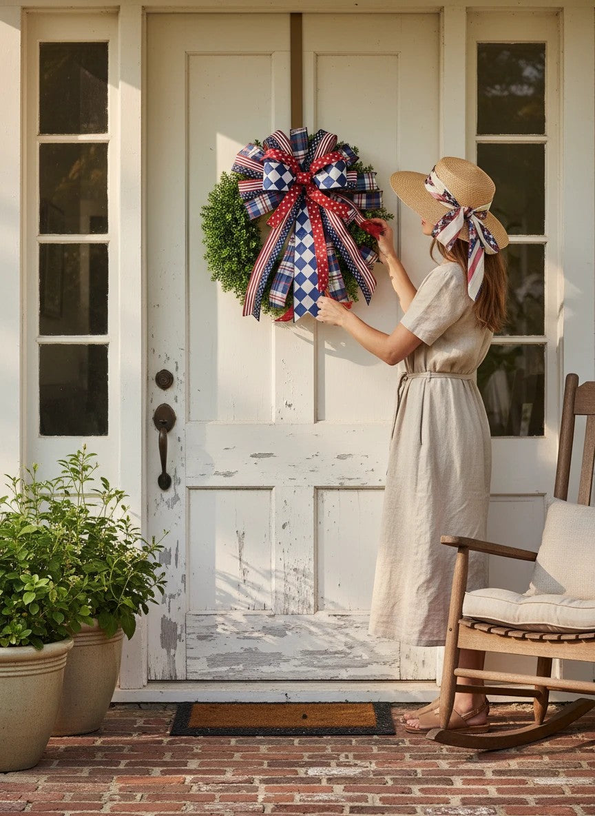 Chic Collective patriotic bow with red, white, and blue ribbons on a green wreath.