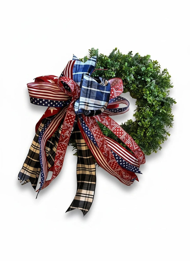 Chic Collective patriotic bow for wreath with American flag and plaid ribbons