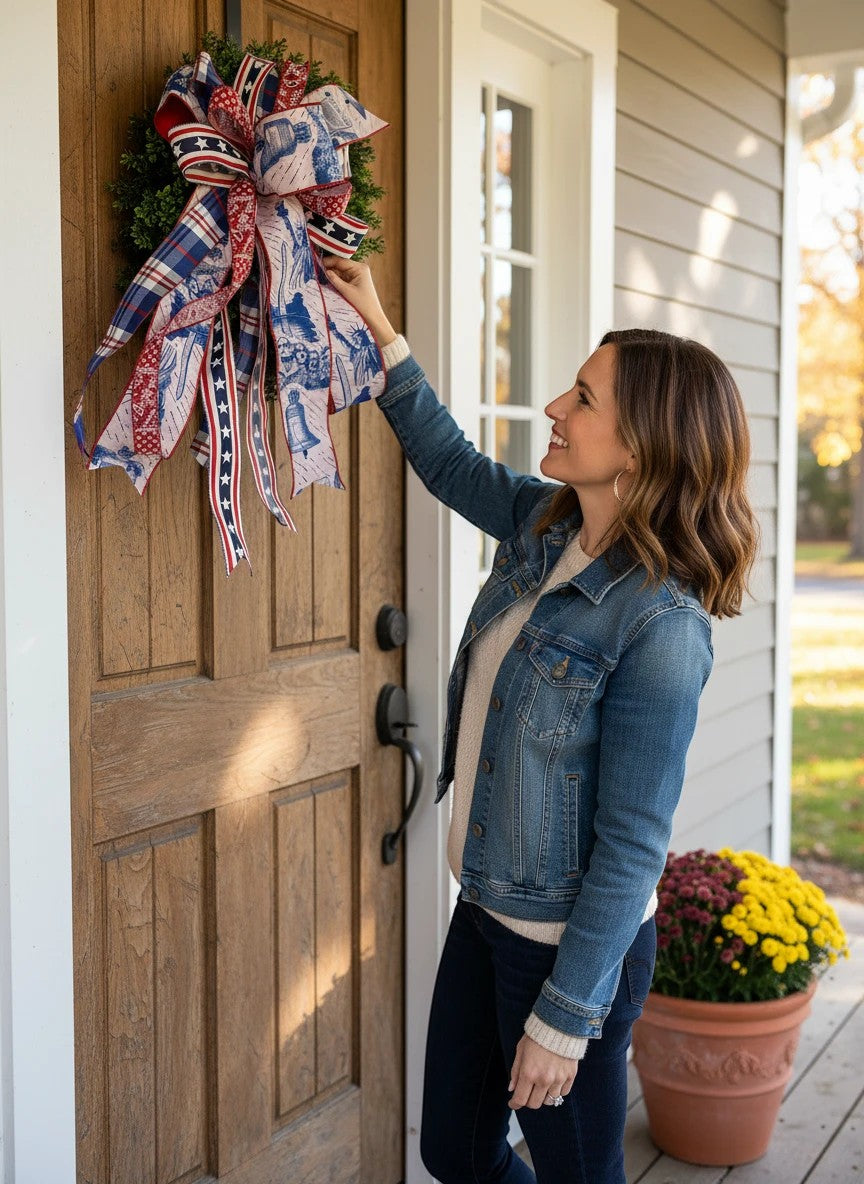 Chic Collective patriotic bow for wreath with red, white, and blue plaid and scenic prints.