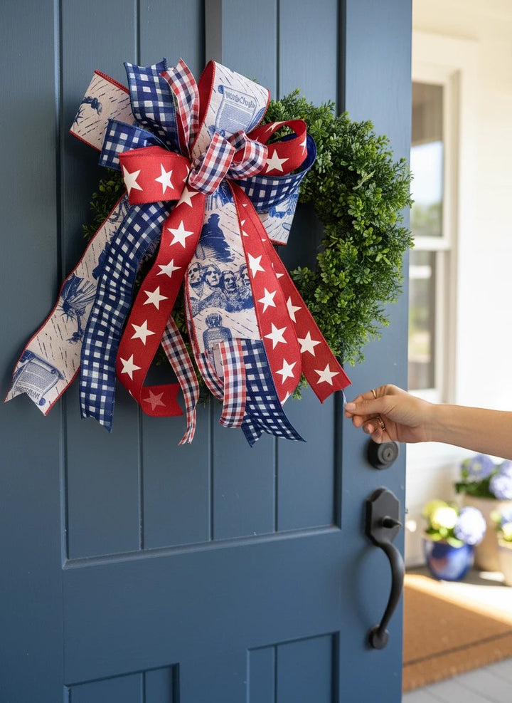 Chic Collective patriotic fabric bow with red, white, and blue gingham, stars, Mount Rushmore, and "We the People" text on a wreath.