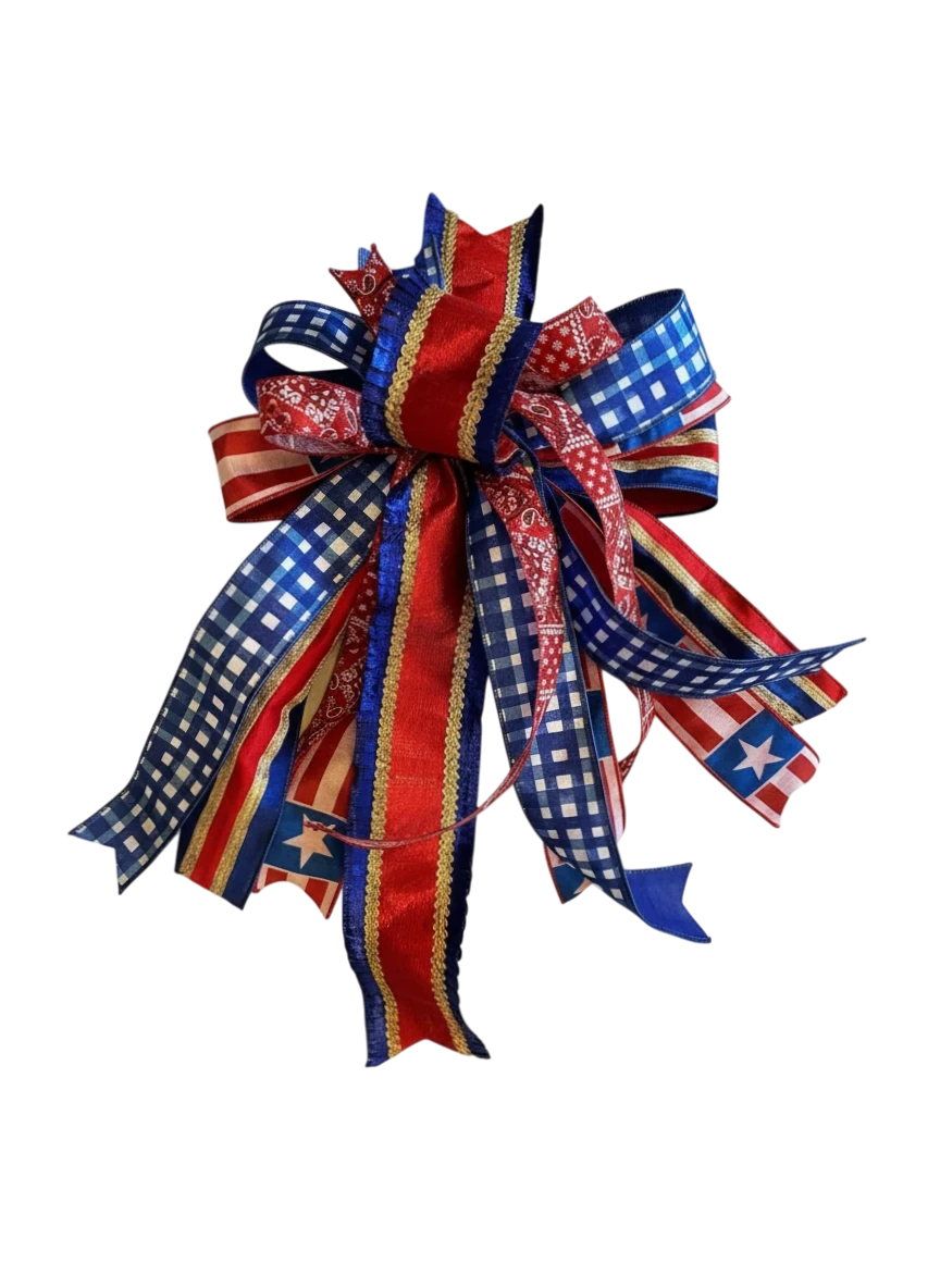 Chic Collective patriotic bow with red, white, and blue ribbons featuring stars and gingham patterns. Perfect for wreaths.