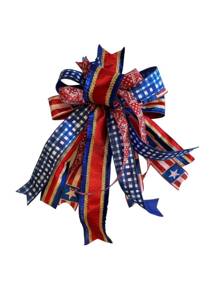 Chic Collective patriotic bow with red, white, and blue ribbons featuring stars and gingham patterns. Perfect for wreaths.