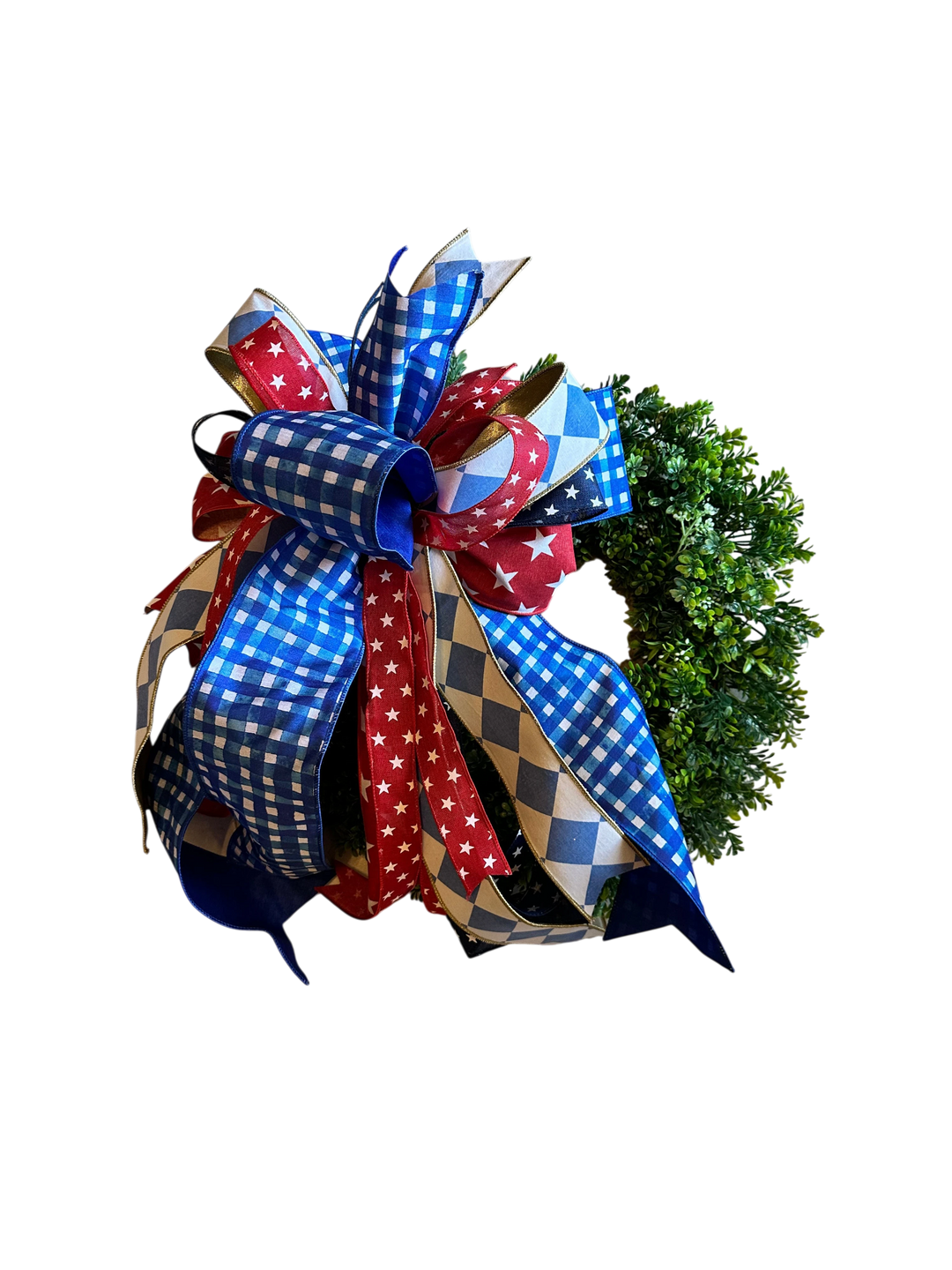 Chic Collective patriotic bow with red, white, and blue ribbons featuring stars and gingham patterns for a wreath.