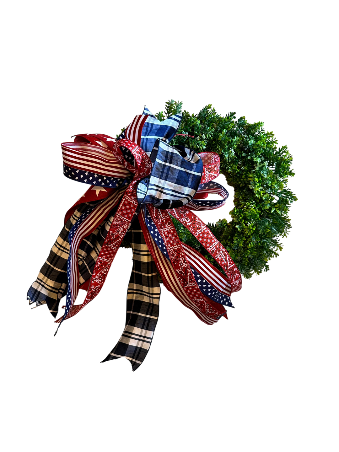 Chic Collective patriotic bow with American flag and plaid ribbons for a wreath. Red, white, and blue.