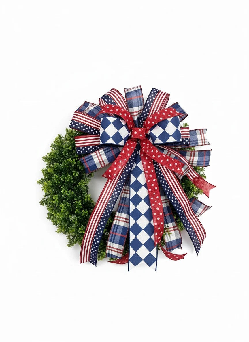 Chic Collective patriotic bow for wreath with red, white, and blue ribbons featuring stars and plaid patterns.