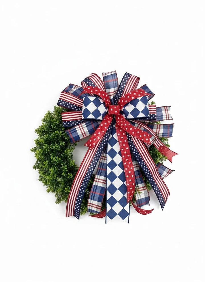 Chic Collective patriotic bow for wreath with red, white, and blue ribbons featuring stars and plaid patterns.