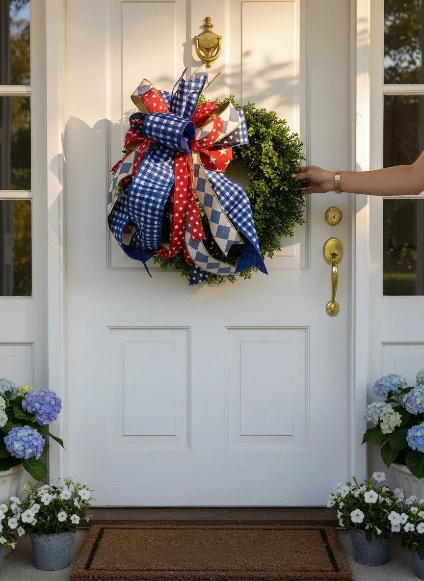 Chic Collective patriotic bow with red, white, and blue ribbons featuring stars and gingham patterns on a wreath.